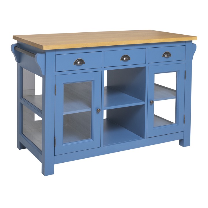 Insula de bucatarie cu 4 usi de sticla, 6 sertare, culoare blat maro deschis P082, culoare corp albastru P045, dublu color, 100% lemn masiv, 135x65x90 cm