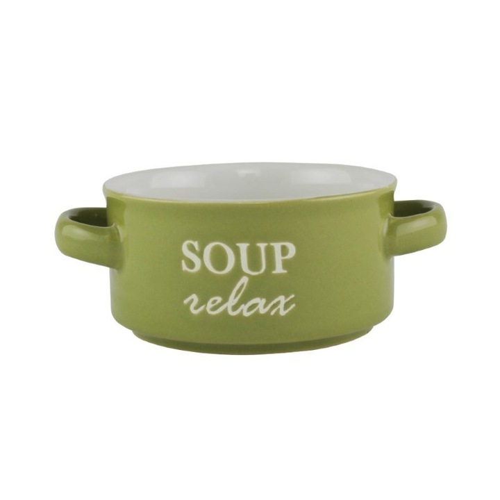 Kerámia fogantyús levesestál, zöld, 400 ml, átmérő 12 cm
