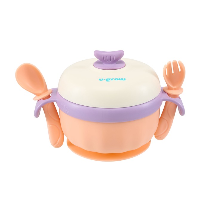 Bol termic , lingurita si furculita , baza antialunecare, mov, U-Grow