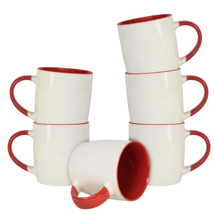 Set 6 cani. 320 ml, Cesiro, Portelan, Alb/Rosu