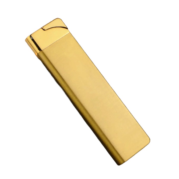 Bricheta cu Flacara Verde, Model Slim de Metal, Antivant, Reincarcabil, 8 cm, Auriu, Dalimag