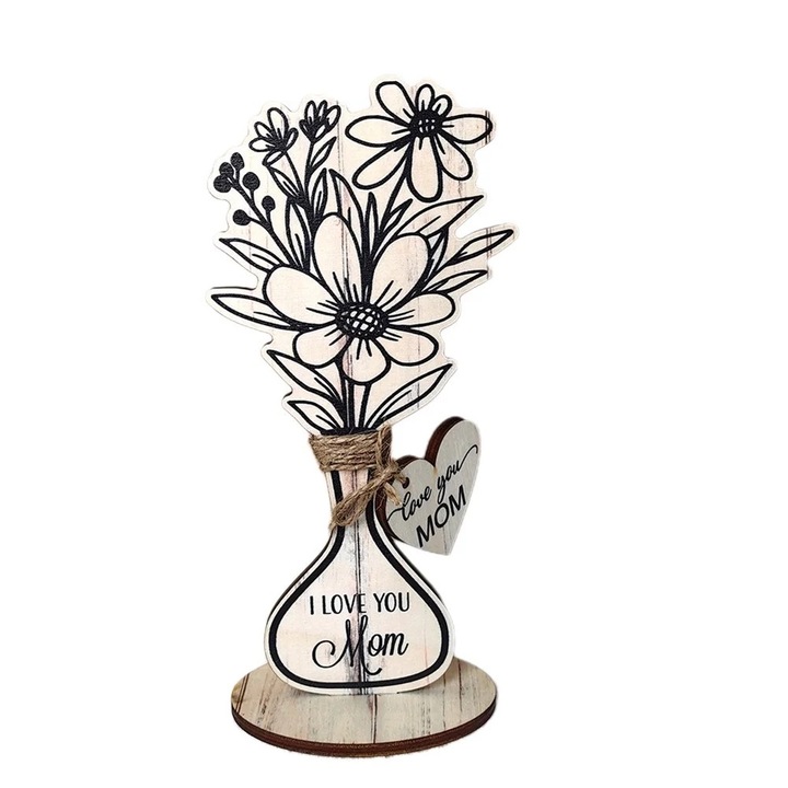 Подаръчен комплект поздравителна картичка за Ден на майката, дървен букет цветя, овална поставка 17,5 см, височина 23 см
