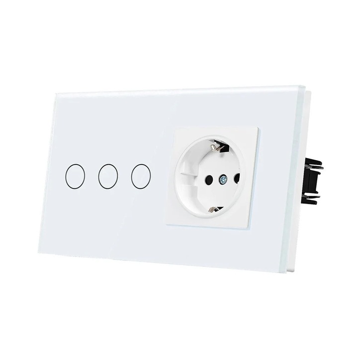 Intrerupator si priza combinat, Sticla temperata, Control tactil, Alb