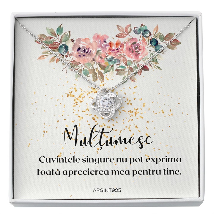 Set Cadou, Joystos, Colier Nodul Iubirii Cu Pandant Placat cu Aur Alb 14K, Card Personalizat cu Mesaj „Multumesc, Cuvintele singure nu pot exprima toata aprecierea mea pentru tine.” Cadou Pentru Mama, Bunica, Profesoara, Invatatoare