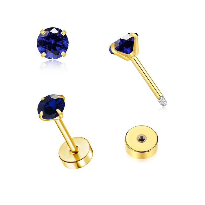 Női fülbevaló, TREXORA, 14 karátos aranyozással, 4 mm-es kék cirkónia, minimalista dizájn, csavaros rögzítés