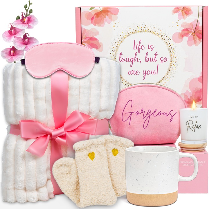 Set cadou pentru femei, 8 Produse premium, Cadonique®, Patura pufoasa, Cana ceramica, Lumanare parfumata, Geanta cosmetice, Masca de somn, Sosete dama, Orhidee décor, Ambalate elegant in cutie, Ideie surpriza ideala pentru ea, dame, mama, sotie, fiica