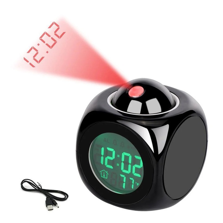 Ceas de proiectie pentru tavan, negru, 3.2"x3.2"x3.7"