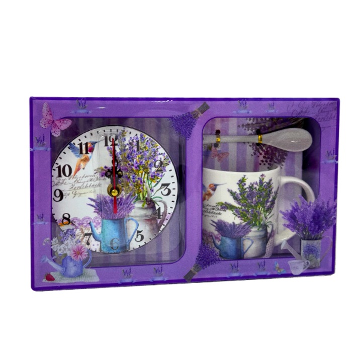 Сервиз за чай Purple, керамична чаша с лъжица и стенен часовник в същия тон, Purple, Velve