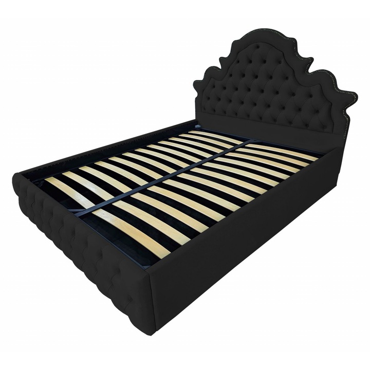 Pat tapitat Elise,120x200cm, somiera metalica rabatabila, spatiu depozitare, negru