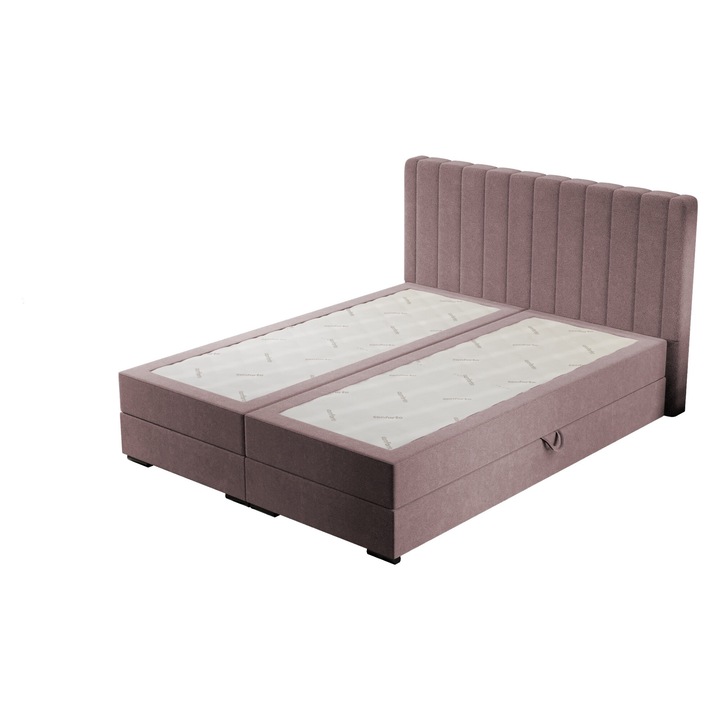 Pat tapitat boxspring Male, cu saltea integrata, doua lazi de depozitare, 160x200 cm, roz
