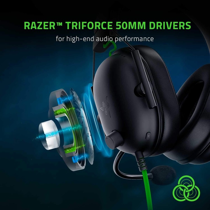 Геймърски слушалки Razer BlackShark V2 X - 7.1 съраунд звук - 50 мм устройство - възглавница от мемори пяна - за PC, PS4, PS5, Switch - 3.5 мм аудио конектор - черни