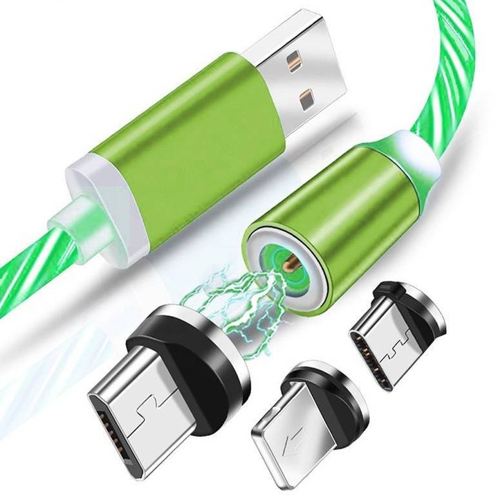 Cablu de incarcare a telefonului magnetic stralucitor cu 3 capete, AM67-1M-3in1, Verde
