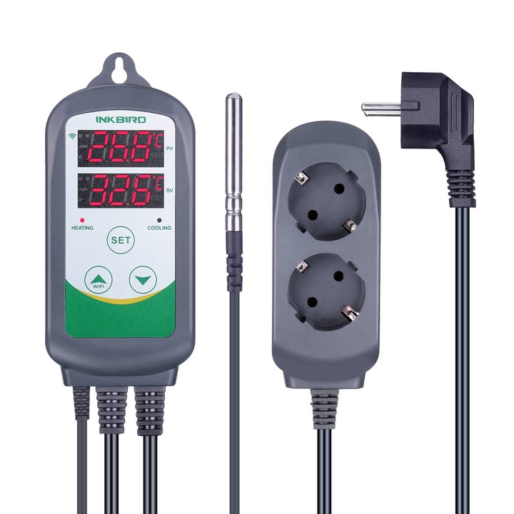 ‌Controler Digital de Temperatura INKBIRD ITC-308, Termostat cu 2 Prize si Mod Dual (Incalzire/Racire) - Compatibil cu Damigiane, Fermentatoare, Sere, Terariu, 220V 10A