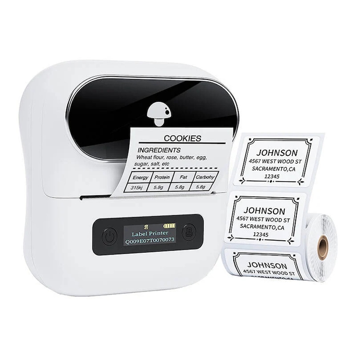 Imprimanta termica portabila, Bluetooth, 57mm latime, roz, set complet cu 11 role de hartie