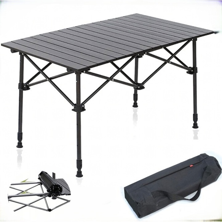 Сгъваема туристическа маса, с алуминиева рамка, Zola, водоустойчива, за къмпинг, градина и пътуване, с неплъзгащи се крака и чанта за носене, 95 x 55 x 50 см, черна