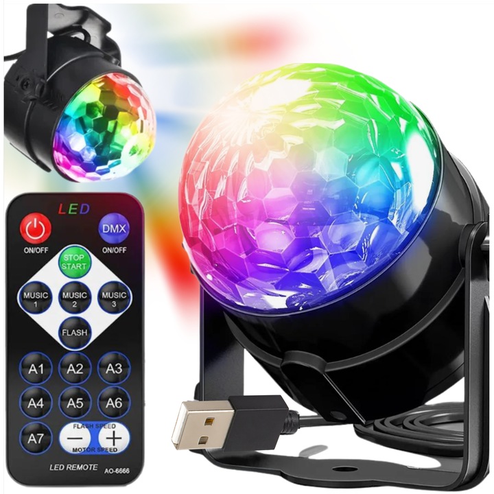 Proiector LED Kula Disco RGB, ZOLTA, 7 moduri de iluminare, control de la distanta, 8,5cm diametru
