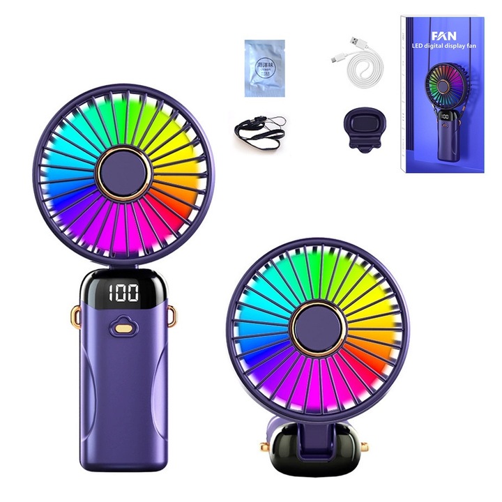 Ventilator portabil RGB, 3 in 1, 6 viteze, albastru, 19.5x9x4.6cm, cu suport pentru telefon si container pentru aromaterapie