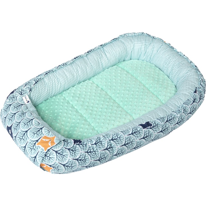Cosulet bebe, Medi Partners, Model de Padure, cu insertie detasabila, bumbac/minky, 100x60x15cm, Menta/Alb