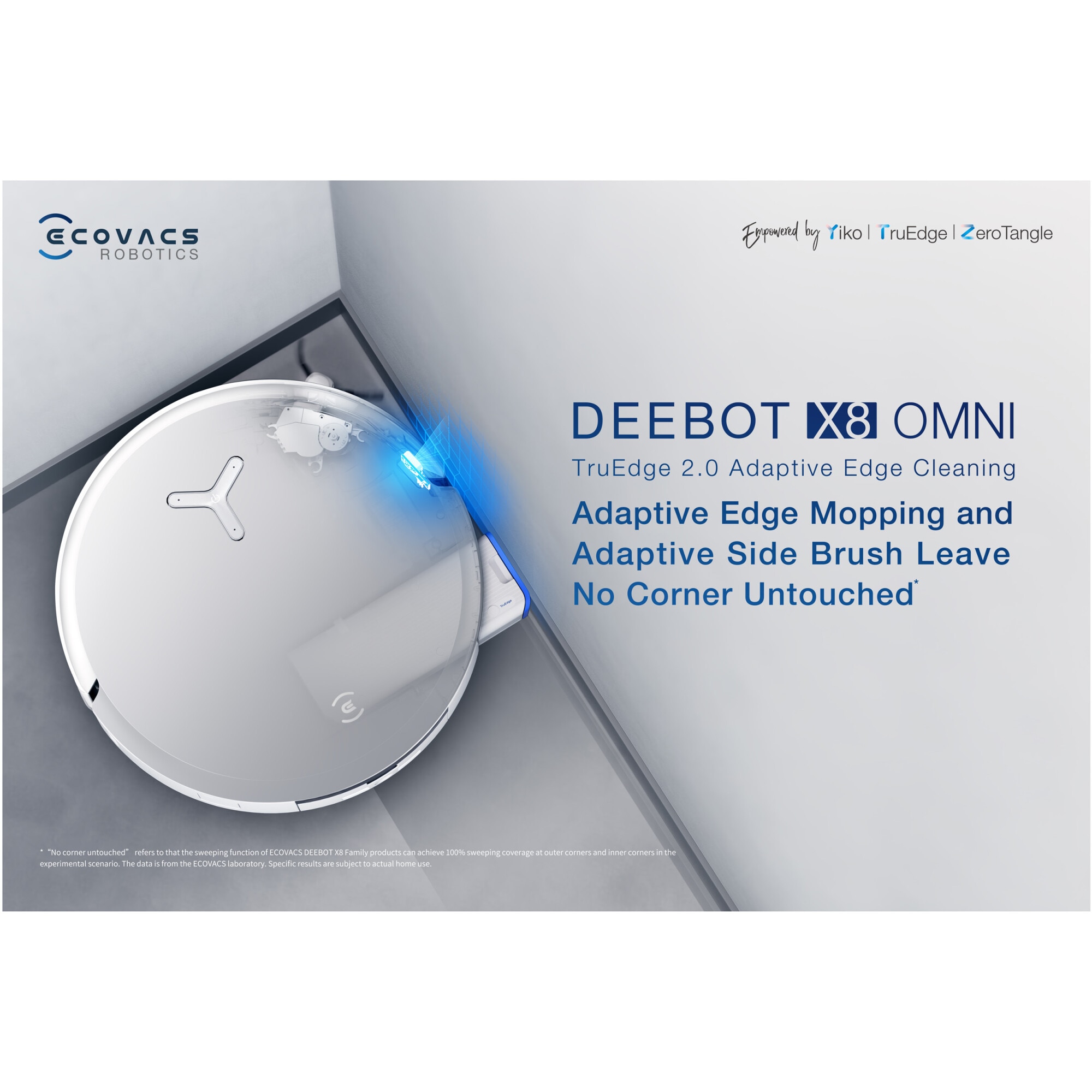 Robot de aspirare Ecovacs DEEBOT X8 OMNI, 18000Pa, baterie Li-Ion 6400mAh, capacitatea rezervorului de apa 110ml, capacitatea cosului de praf 220ml, capacitate rezervor statie pentru apa murdara 2 x 4L, capacitate cos praf statie 3L, alb