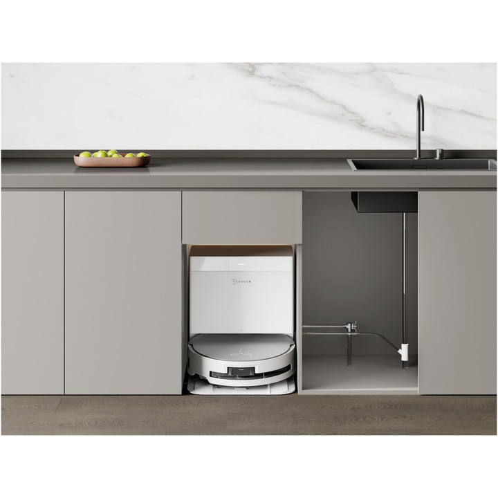 Robot de aspirare Ecovacs DEEBOT X8 OMNI, 18000Pa, baterie Li-Ion 6400mAh, capacitatea rezervorului de apa 110ml, capacitatea cosului de praf 220ml, capacitate rezervor statie pentru apa murdara 2 x 4L, capacitate cos praf statie 3L, alb