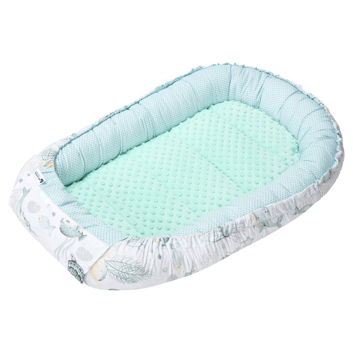 Cosulet bebe, Medi Partners, Model oceanic, cu insertie detasabila, bumbac/minky, 100x60x15cm, Menta/Alb