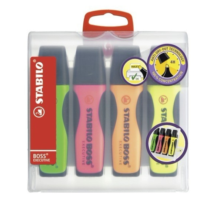 Set 4 highlightere Stabilo Boss executive roz,verde,galben ,orange