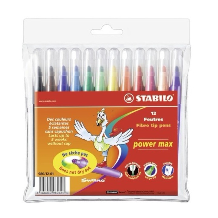 Carioca Stabilo Power Max, 3 mm, 12 culori/set, etui carton