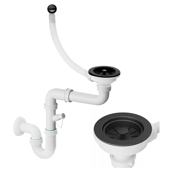 Sifon Pentru Chiuveta, Granitan, G, Manual, Negru, Montat Pe Perete, Cu Sistem Anti-Deversare, Posibilitate De Conectare A Masinii De Spalat Si A Masinii De Spalat Vase, Drenaj 115 mm