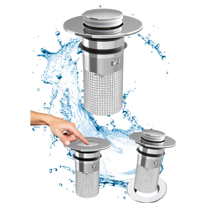 Cap De Chiuveta, Granitan, Multifunctional, Click Clack, Crom, Diametru 60 mm, Filtru De Protectie Integrat, Otel Inoxidabil