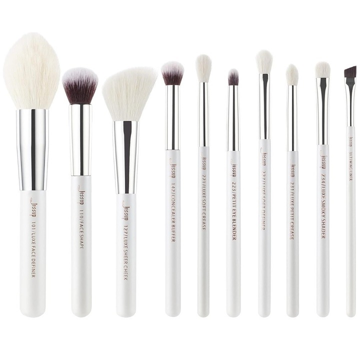 Set 10 pensule Machiaj Jessup T243, fibre sintetice si naturale, maner din lemn, alb
