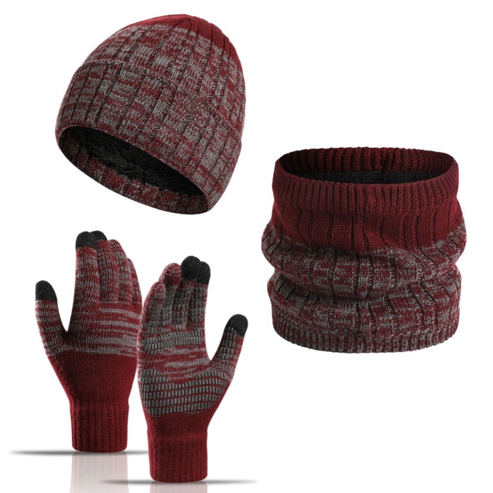 Set caciula, esarfa si manusi, unisex, elastic, fleece, rosu/gri, 56-58 cm