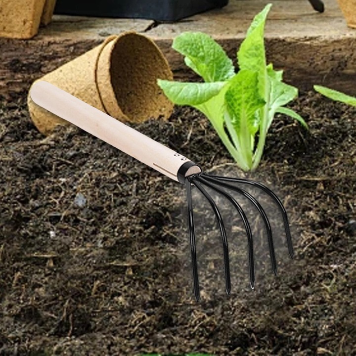 Гребло с 5 зъба, дървена дръжка, 36смх10см, лесно за използване, за листа и окопаване