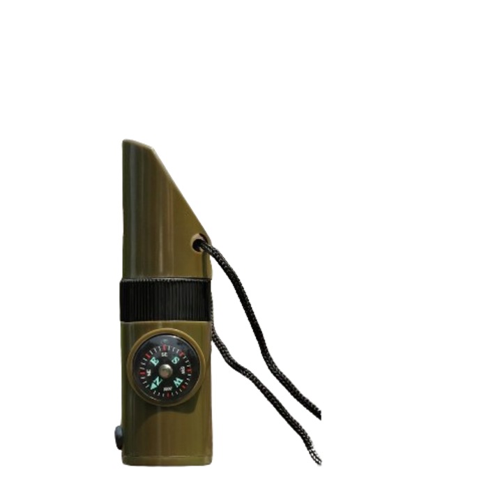 Kit supravieturie, Fluier multifunctional 7 in 1, pentru drumetii, hiking, lupa, fluier, termometru, depozitare pastile, busola, din material ABS, cu snur, 9, 7 x 2, 8 cm, verde
