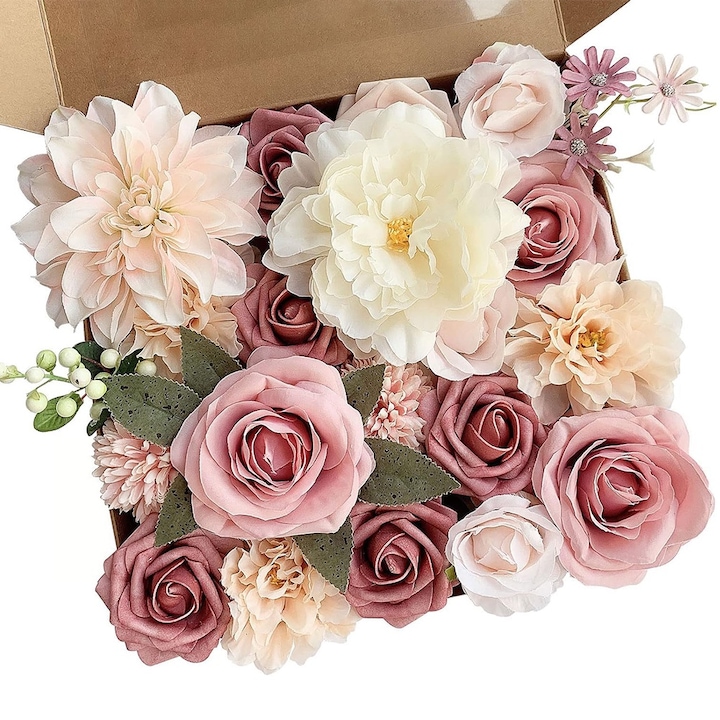 Set flori artificiale trandafiri roz, YISYNIM, 21 flori, 26x26cm