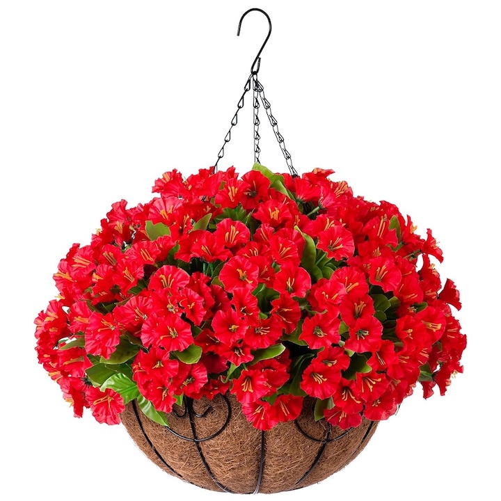 Mesterséges függőnövények, YISYNIM, piros virágok, méret 20x20x9,5cm