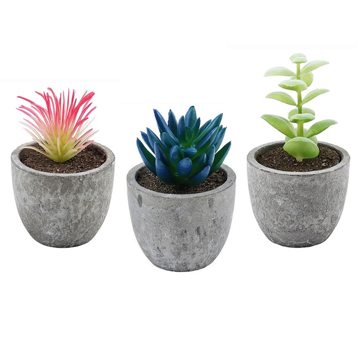 Set 3 plante artificiale, YISYNIM, albastru, roz, verde, dimensiuni: 6.5x9cm, 6x9cm, 6x11cm