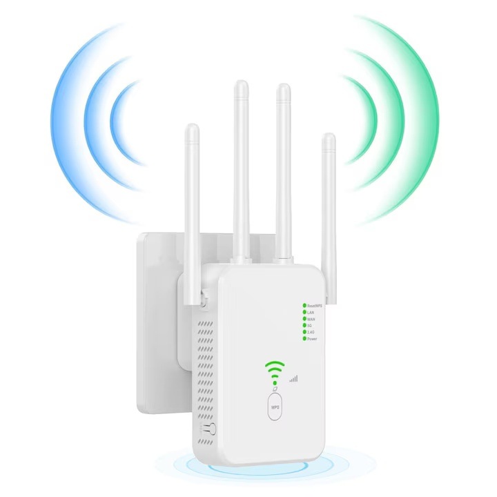 Усилвател на безжичен сигнал, Morovan, разширител на WiFi мрежа, 1200Mbps, 5G и 2.4G мрежа, 4 антени с MIMO технология, LAN слот, бял