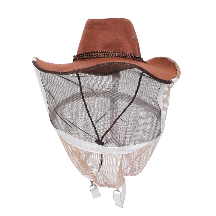 Palarie de cowboy maro-rosu cu protectie 360° sigura, anti-intepaturi de albina si tantar, pentru apicultor, cu accesoriu pentru curea de fixare
