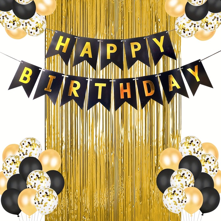 Születésnapi parti kellékkészlet, fekete és arany, LINAYE, Boldog születésnapot felirattal, arany rojtos függönnyel, fekete és arany lufikkal - születésnapi parti kiegészítőknek