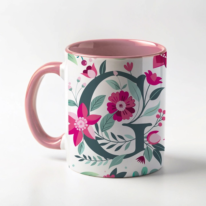 Cana cu litera G, initiala numelui, monogram cu flori, tema primavara, 350ml