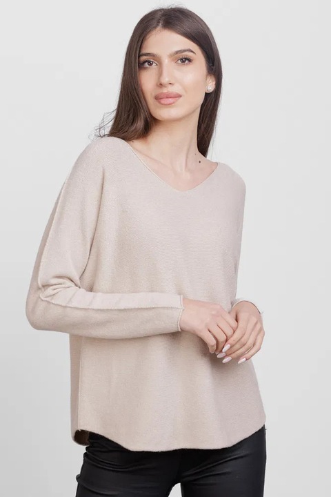 Pulover versatil cu decolteu V, din vascoza, bej, Mov, One Size