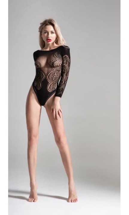 Body sexy negru, material elastic tip plasă, maneci lungi, One Size INTL