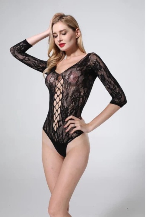 Body sexy din material elastic, cu model floral, negru, marime One Size INTL