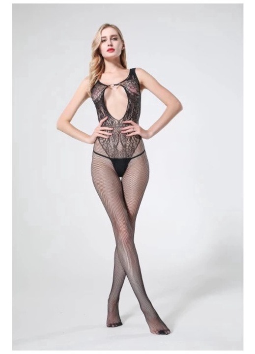 Catsuit sexy, negru, One Size INTL, cu imprimeu floral si decupaje