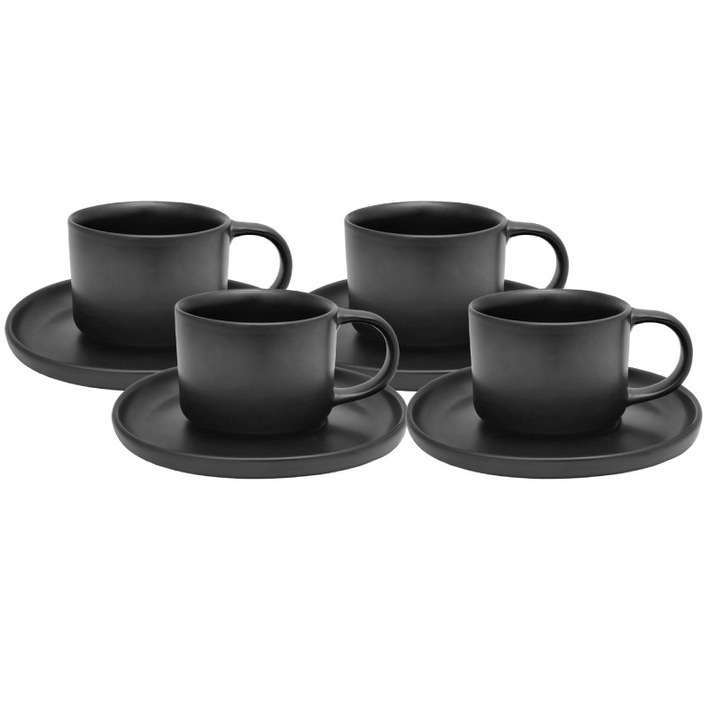 Cesti de portelan 220 ml cu farfurie MG Home Artena set serviciu de cafea neagra de 4