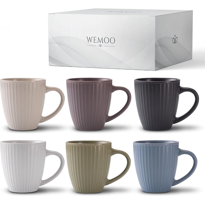 Set de 6 cani de cafea Wemoo, 400 ml, cani elegante cu maner mare, culori pastelate