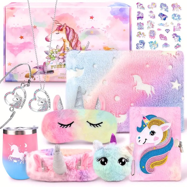 Set Cadou Fetite, 10 piese, LINAYE, Päturǎ strälucitoare unicorn, Marca ochiului, Cana termo, Marca ochiului, Jumal pufos cu Lock, Posetǎ drǎgutǎ, Bandǎ pentru cap, Coliere, Bratari, Frumoase autocolante, O cutie cadou, pentru fete de 4, 5, 6, 7, 8 ani