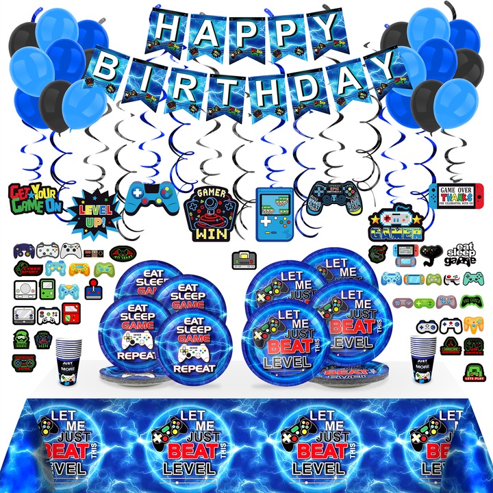 Videójáték parti kellékkészlet, LINAYE, 20 vendégre, kék színű, tartalmaz tányérokat, poharakat, asztalt, transzparenst és lufikat