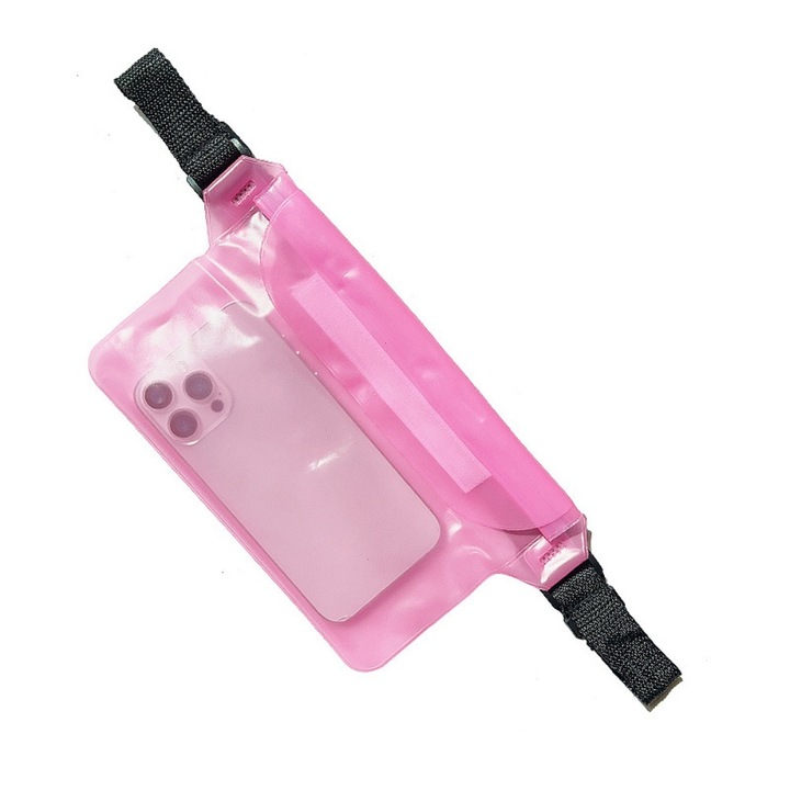 Rózsaszín sport övtáska, vízálló, 22*21.5cm, állítható pánttal készletben, PVC, nagy kapacitású, érintőképernyős kialakítás, átlátszó, széles körben felhasználható