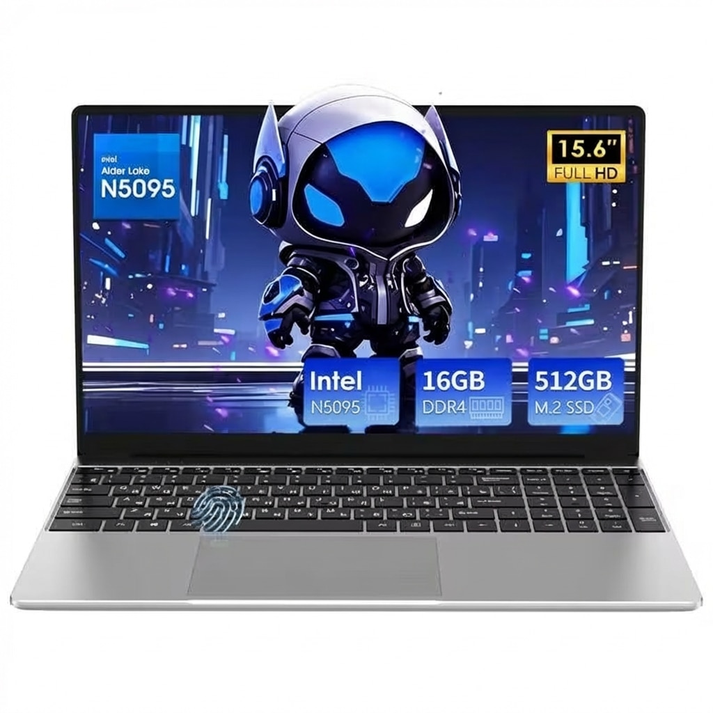 Laptop de 15.6 inchi 16GB 512 GB Celeron N5095 4 nuclee, 1920X1080P, Win 11 Pro, cu ventilator de racire, WiFi dual, Argent metalic